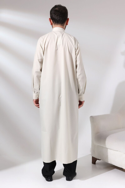 Men's Cream Çınar Hajj and Umrah Clothing Long Dagron Fabric Dress - 3