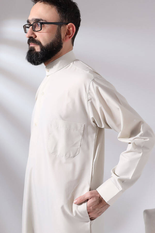 Men's Cream Çınar Hajj and Umrah Clothing Long Dagron Fabric Dress - 4