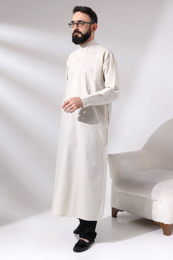 Men's Cream Çınar Hajj and Umrah Clothing Long Dagron Fabric Dress - 5