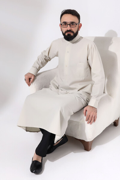 Men's Cream Çınar Hajj and Umrah Clothing Long Dagron Fabric Dress - 7