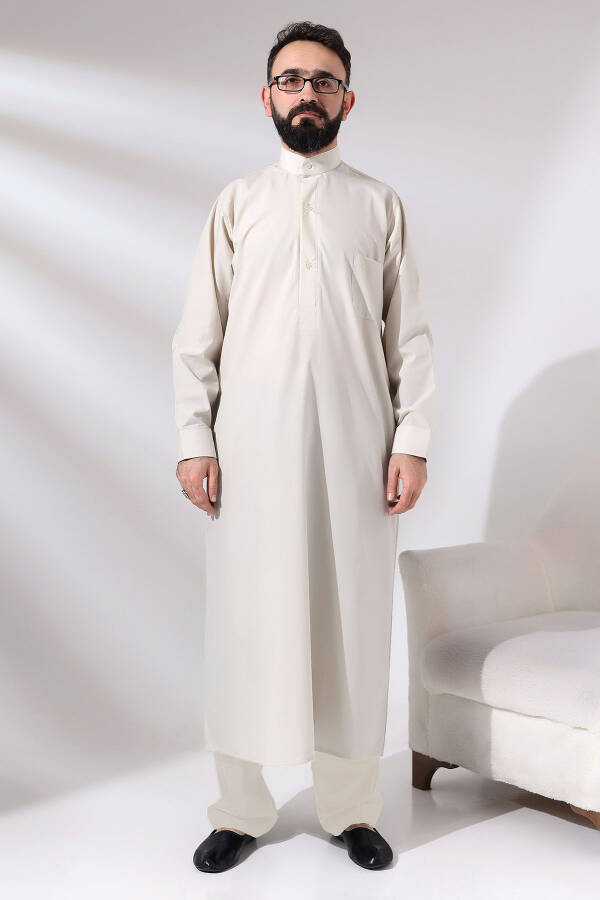 Men's Cream Çınar Hajj and Umrah Clothing Long Dagron Fabric Dress - 1