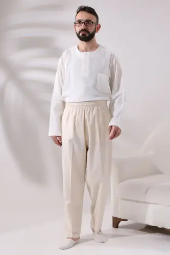 Men's Cream Cinara Relaxed Fit Elastic Waist Hac and Umrah Linen Pants - IHVAN ONLINE (1)