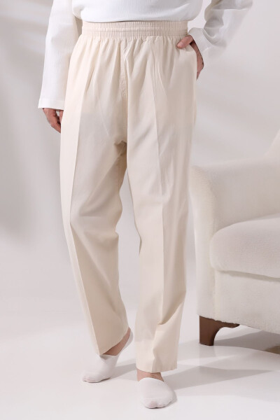 Men's Cream Cinara Relaxed Fit Elastic Waist Hac and Umrah Linen Pants - 1