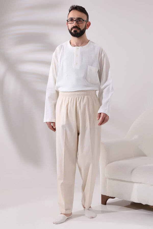 Men's Cream Cinara Relaxed Fit Elastic Waist Hac and Umrah Linen Pants - 2