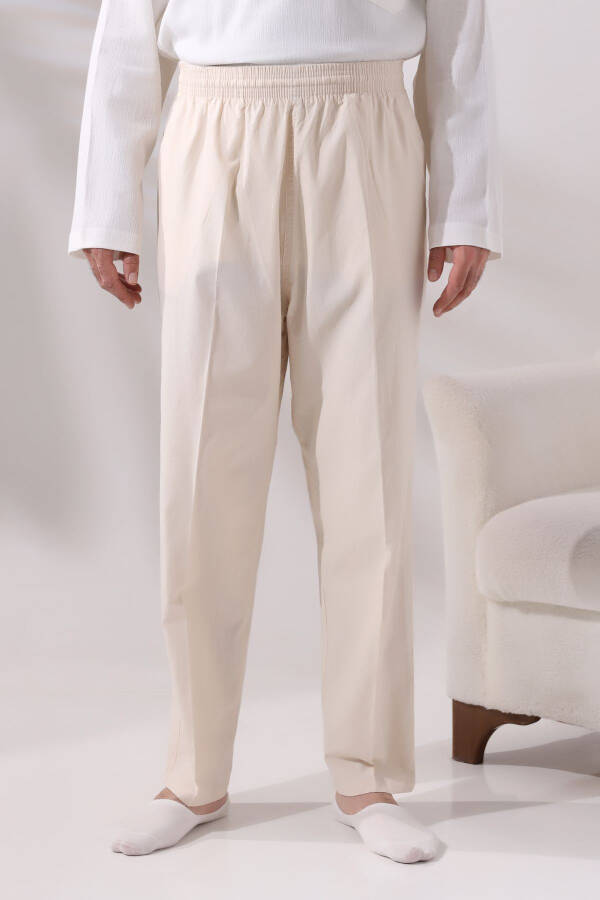 Men's Cream Cinara Relaxed Fit Elastic Waist Hac and Umrah Linen Pants - 3