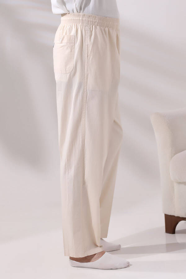 Men's Cream Cinara Relaxed Fit Elastic Waist Hac and Umrah Linen Pants - 4