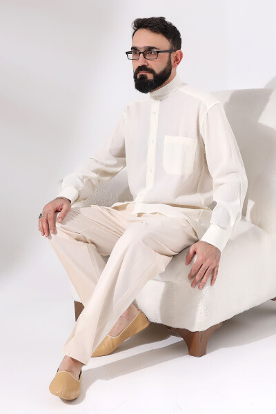 Men's Cream Cinara Relaxed Fit Elastic Waist Hac and Umrah Linen Pants - 7