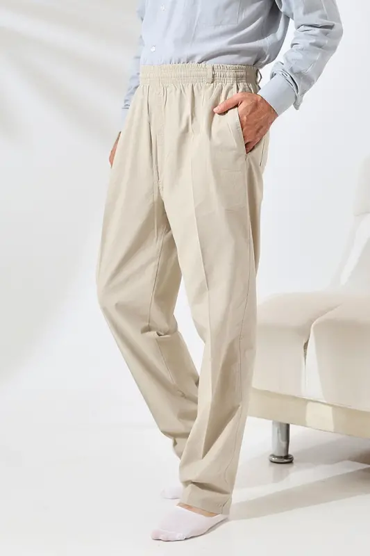 Men's Cream Loose Fit Elastic Waist Linen Hajj and Umrah Pants - 1