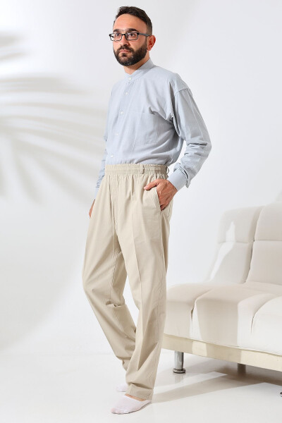 Men's Cream Loose Fit Elastic Waist Linen Hajj and Umrah Pants - 4