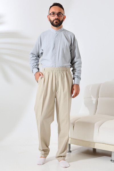 Men's Cream Loose Fit Elastic Waist Linen Hajj and Umrah Pants - 5