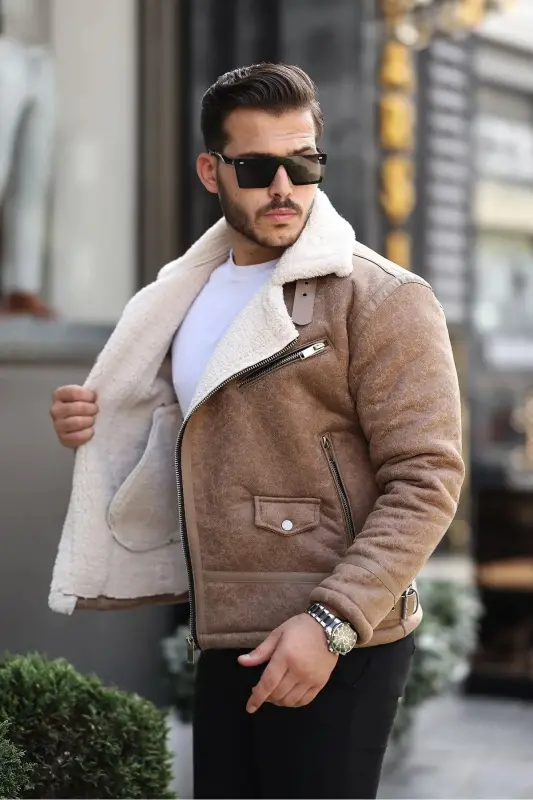 Men's Cream Napa Leather Cross Model Jacket-Cream - 2