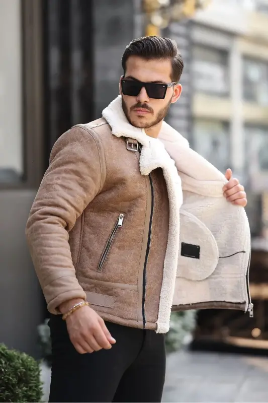 Men's Cream Napa Leather Cross Model Jacket-Cream - 3
