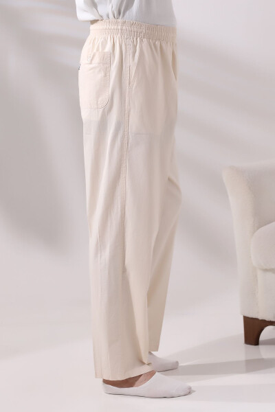 Men's Cream Plane Tree Relaxed Fit Elastic Waist Hac And Umrah Linen Shalwar Pant - 4