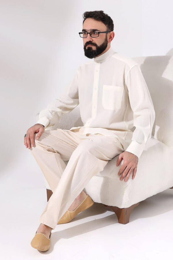 Men's Cream Plane Tree Relaxed Fit Elastic Waist Hac And Umrah Linen Shalwar Pant - 7