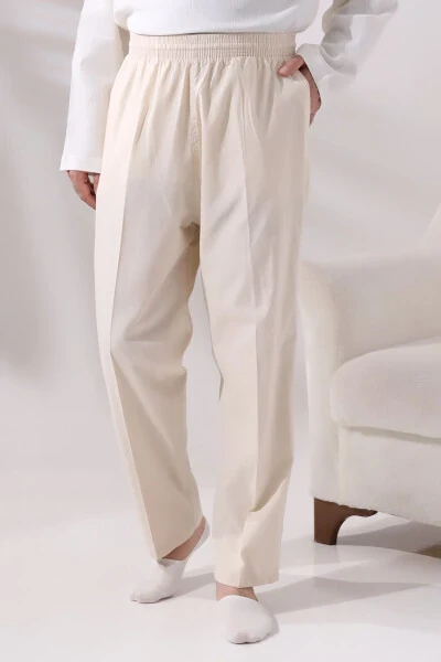 Men's Cream Plane Tree Relaxed Fit Elastic Waist Hac And Umrah Linen Shalwar Pant - Modazone