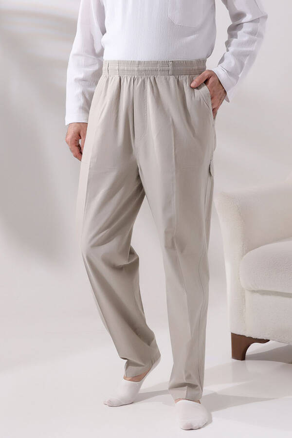 Men's Cream Side Pocket Relaxed Fit Elastic Waist Cargo Hajj and Umrah Shalwar Pants - 1