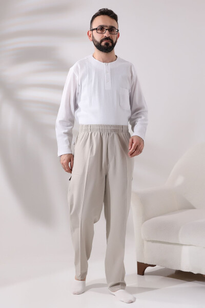 Men's Cream Side Pocket Relaxed Fit Elastic Waist Cargo Hajj and Umrah Shalwar Pants - 2