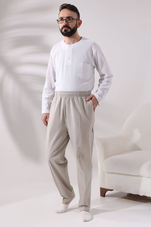 Men's Cream Side Pocket Relaxed Fit Elastic Waist Cargo Hajj and Umrah Shalwar Pants - 3