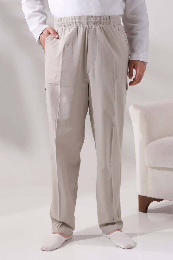 Men's Cream Side Pocket Relaxed Fit Elastic Waist Cargo Hajj and Umrah Shalwar Pants - 4