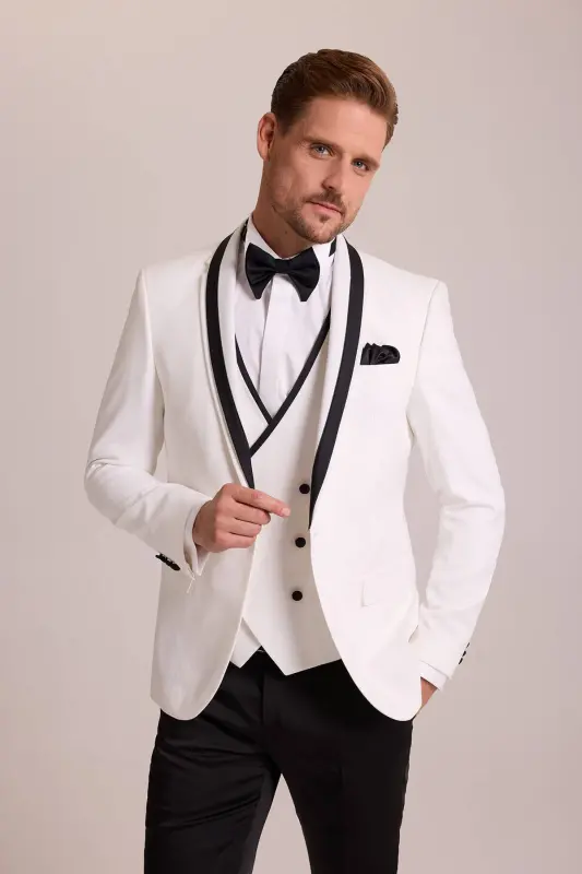Men's Cream Slim Fit Vest with Shawl Collar Tuxedo - 3