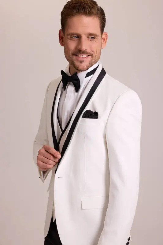 Men's Cream Slim Fit Vest with Shawl Collar Tuxedo - 4