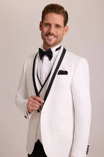Men's Cream Slim Fit Vest with Shawl Collar Tuxedo - 6