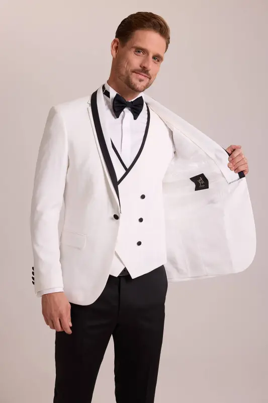 Men's Cream Slim Fit Vest with Shawl Collar Tuxedo - 8