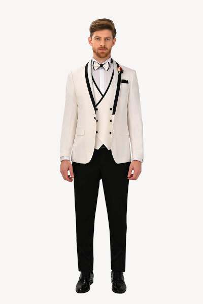 Men's Cream Slim Fit Vest with Shawl Collar Tuxedo - 10