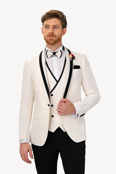 Men's Cream Slim Fit Vest with Shawl Collar Tuxedo - 11