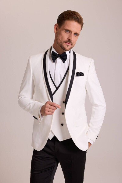 Men's Cream Slim Fit Vest with Shawl Collar Tuxedo - 2