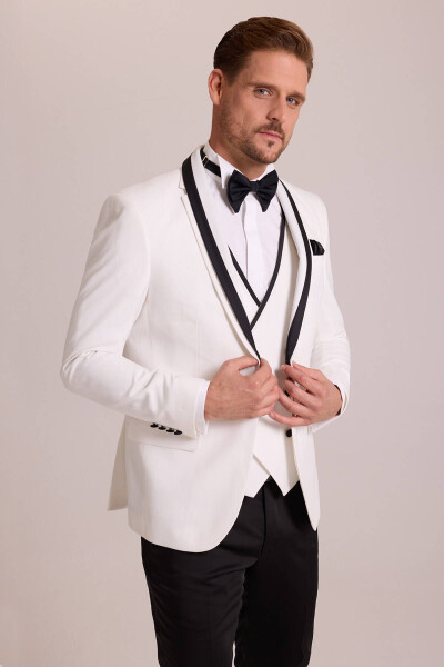 Men's Cream Slim Fit Vest with Shawl Collar Tuxedo - 3