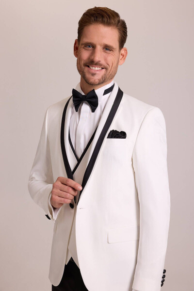 Men's Cream Slim Fit Vest with Shawl Collar Tuxedo - 4