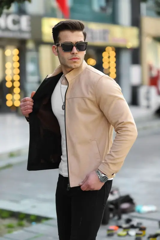 Men's Cream Suede Spring Jacket-Cream - 1