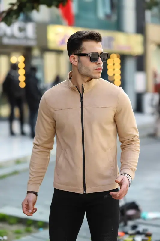 Men's Cream Suede Spring Jacket-Cream - 3