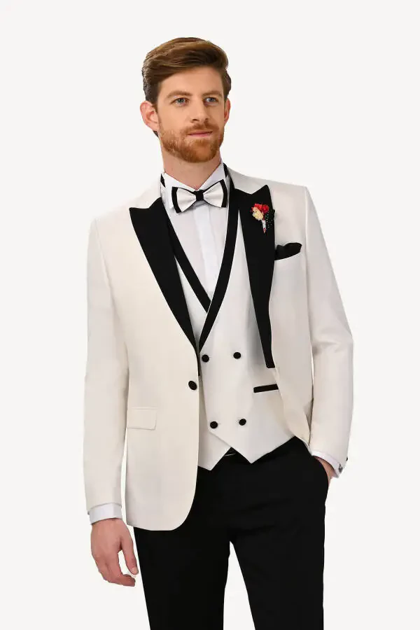 Men's Cream Waistcoat Swallow Collar Slim Fit Tuxedo - 8