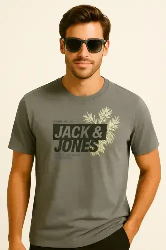 Men's Crew Neck Logo Printed T-Shirt Gray-Gray - 1