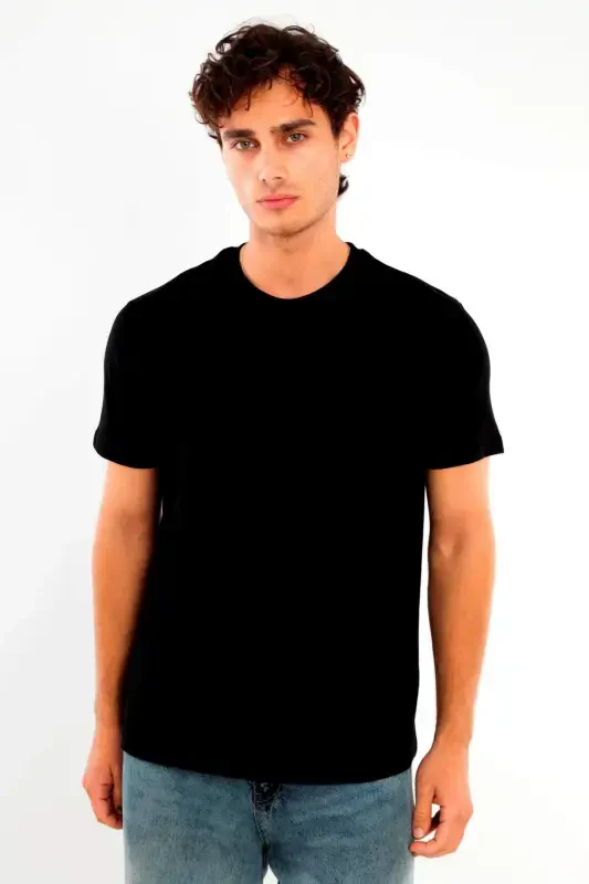 Men's Crewneck 100% Cotton Heavyweight Textured Black T-Shirt - BÜYÜKBEDENIZ
