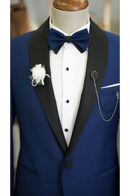 Men's Cummerbund Sax Blue Tuxedo Suit Satin Shawl Lapel Italian Cut Slim Fit -xprzcom3590-22-SAX BLUE - 2