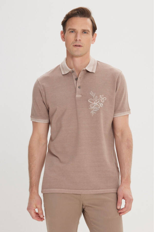 Men's Dark Beige Slim Fit Cotton Polo Shirt - 1