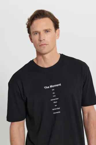 Men's Dark Black Oversize Loose Fit Crew Neck 100% Cotton Printed T-Shirt - DARK BLACK - 4