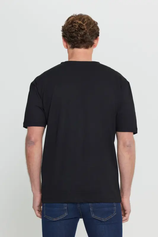 Men's Dark Black Oversize Loose Fit Crew Neck 100% Cotton Printed T-Shirt - DARK BLACK - 5