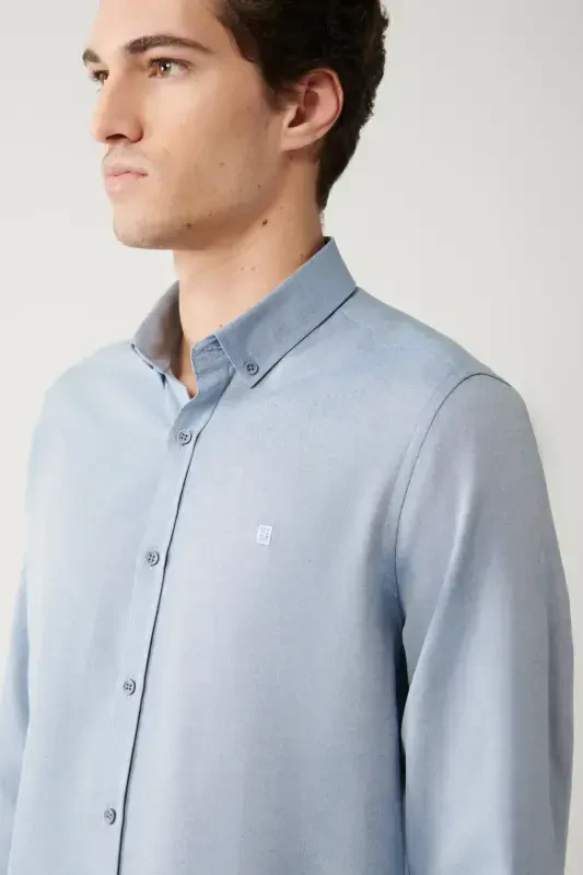 Men's Dark Blue Button-Down Collar Easy Iron Cotton Oxford Shirt E002000-Dark Blue - 2