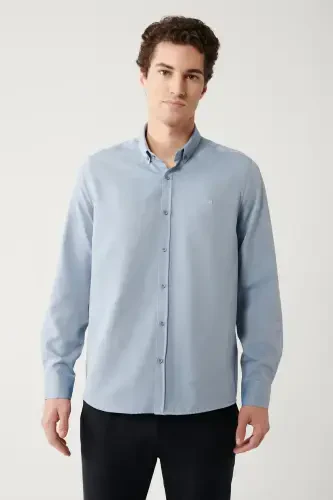 Men's Dark Blue Button-Down Collar Easy Iron Cotton Oxford Shirt E002000-Dark Blue - 3