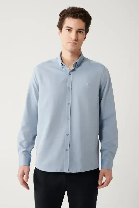 Men's Dark Blue Button-Down Collar Easy Iron Cotton Oxford Shirt E002000-Dark Blue - 3