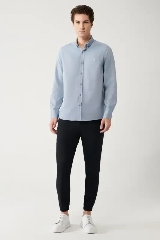 Men's Dark Blue Button-Down Collar Easy Iron Cotton Oxford Shirt E002000-Dark Blue - 5