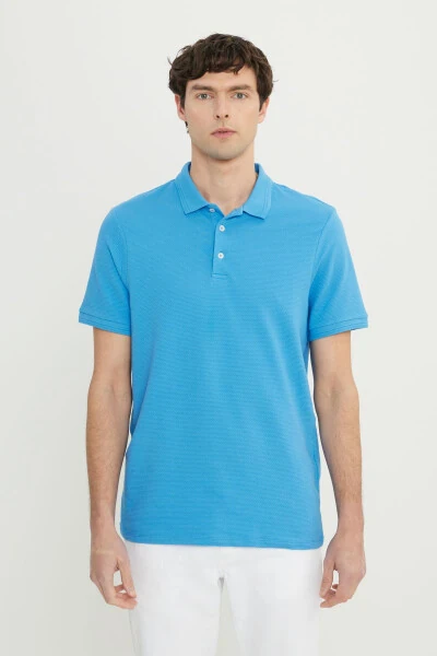 Men's Dark Blue Cotton Slim Fit Narrow Cut Polo Neck Jacquard Stretch T-Shirt - 1