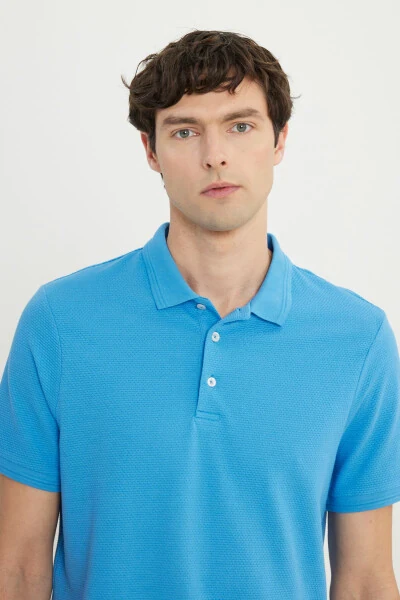 Men's Dark Blue Cotton Slim Fit Narrow Cut Polo Neck Jacquard Stretch T-Shirt - 4