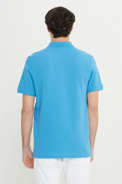 Men's Dark Blue Cotton Slim Fit Narrow Cut Polo Neck Jacquard Stretch T-Shirt - 5