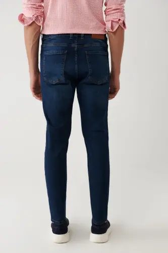 Men's Dark Blue Distressed Wash Stretch Jean Pants - 5