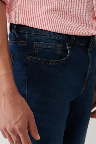 Men's Dark Blue Distressed Wash Stretch Jean Pants - 7